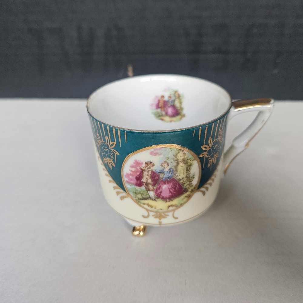 Vintage Victorian Couple Three Footed Tea Cup Gold Trim Romantic Scene Porcelain